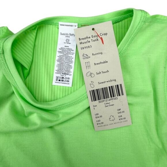Sweaty Betty Women's Breathe Easy Crop Muscle Tank in Bright Green Size 6 - Picture 3 of 6